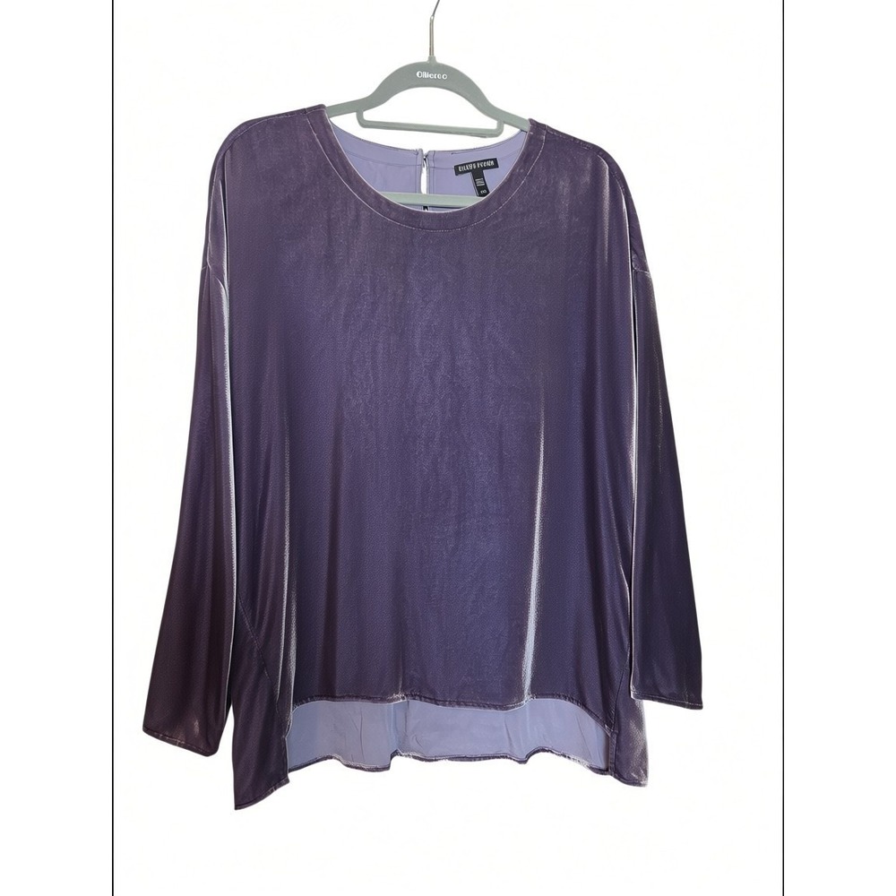 Eileen Fisher Purple Silk Rayon Velvet Long Sleeve High Low Boxy Cut Top L Large
